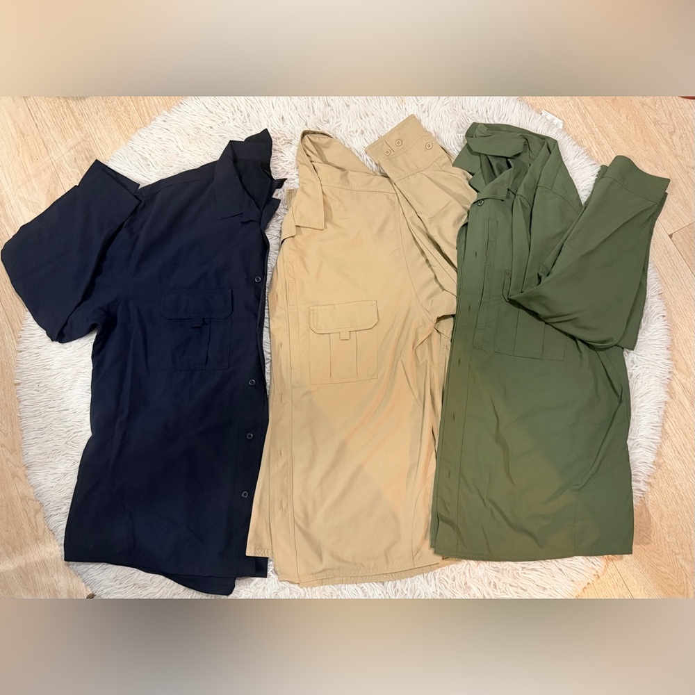 Three-piece Propper Men's Military Field Shirt Jackets in Black, Tan, and Olive